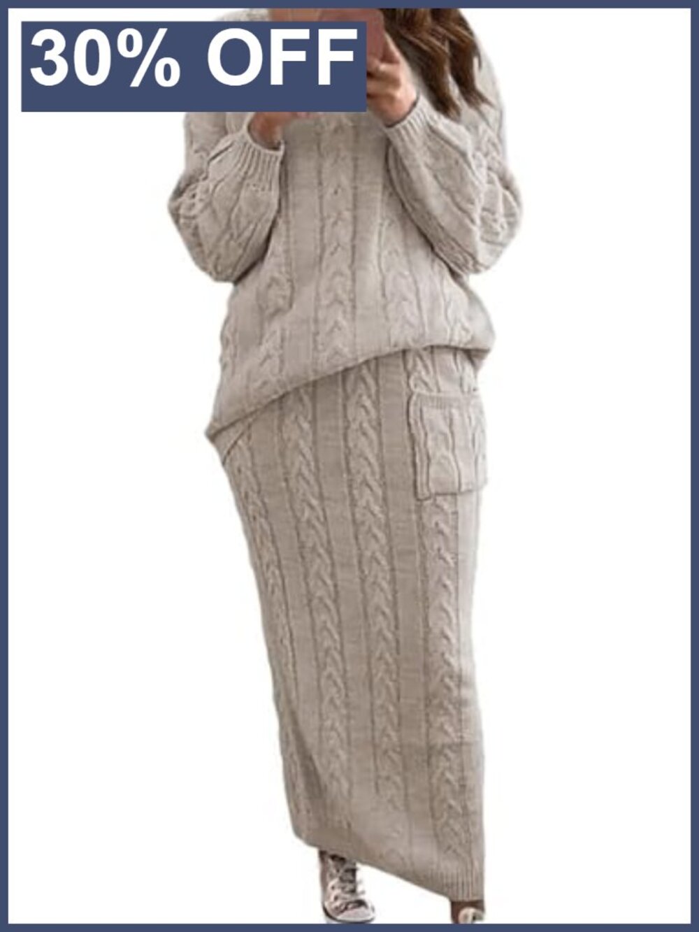 Chunky Cable Knit Sweater Skirt Set 2 Piece Outfit Women's L